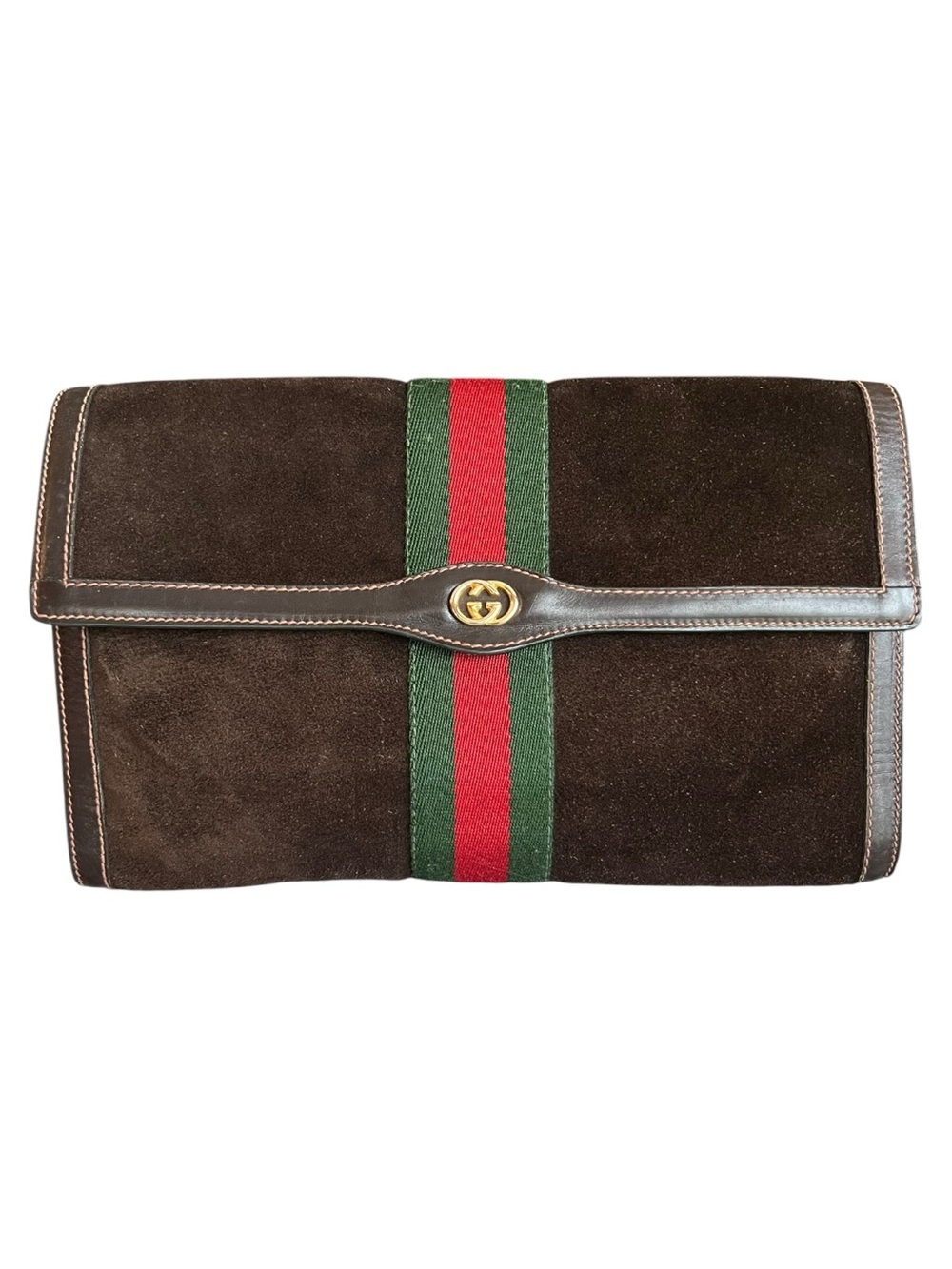 Vintage GUCCI Brown Suede Sherry Line Web Stripe Envelope Clutch Bag 37 039 3088
